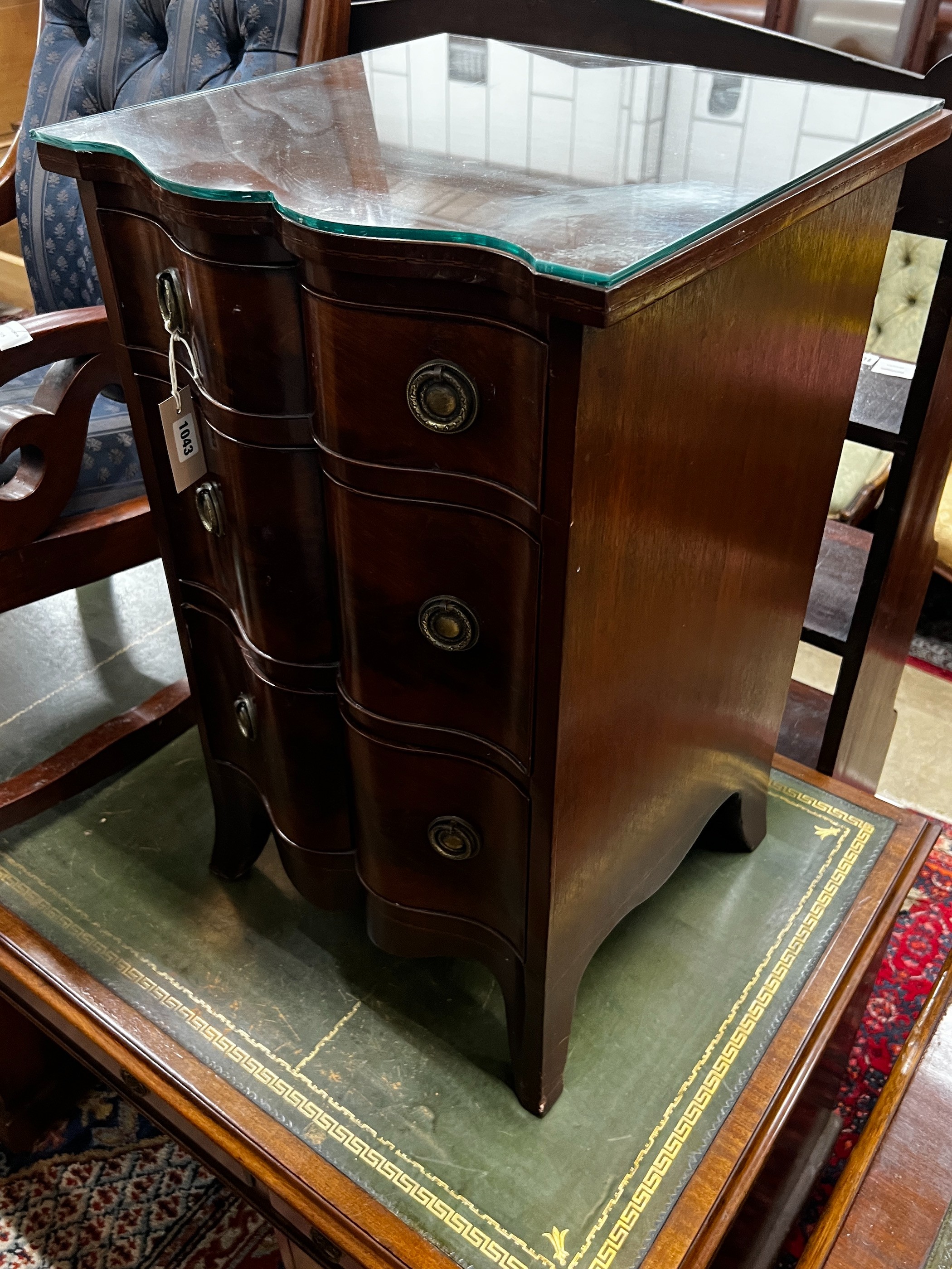 A small reproduction mahogany three drawer chest, width 45cm, depth 45cm, height 74cm